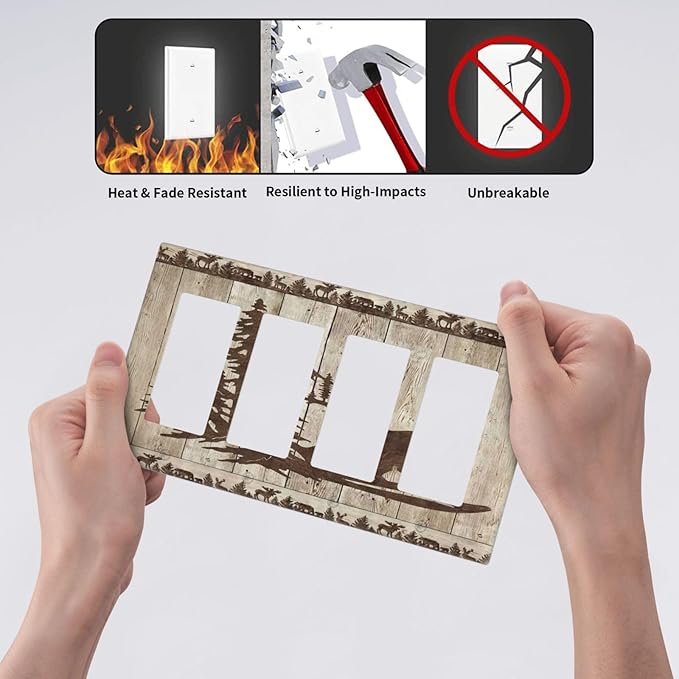 Rustic Wood Bear Forest 4 Gang Rocker Decora Light Switch Cover Vintage Antique Cabin Decorative Outlet Covers Wall Plate Electrical Faceplate Switchplate GFCI for Farmhouse Bathroom Bedroom Decor