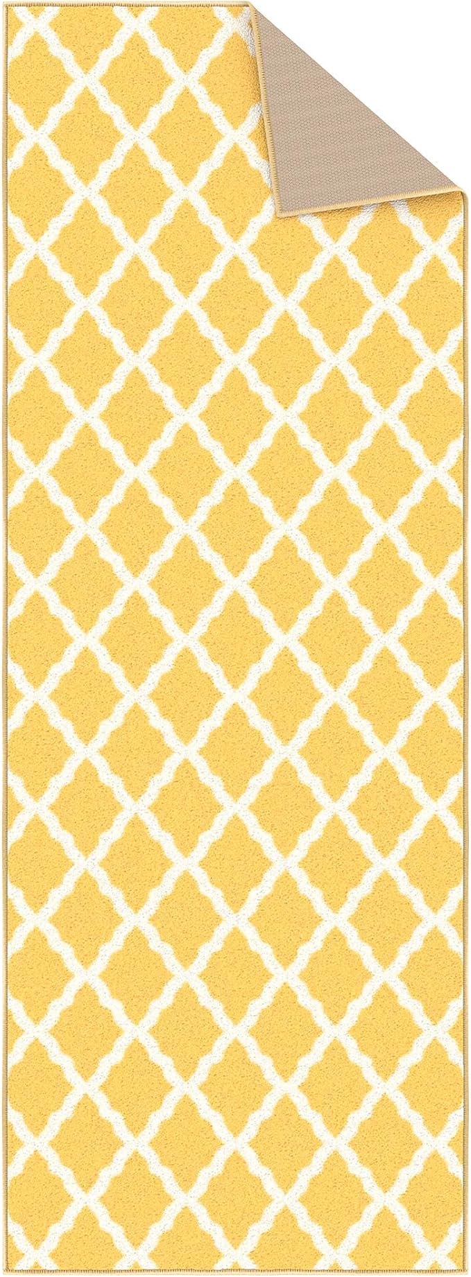 Machine Washable Moroccan Trellis Design Non-Slip Rubberback 2x6 Traditional Indoor Runner Rug for Hallway, Kitchen, Bedroom, 2'2" x 6', Yellow