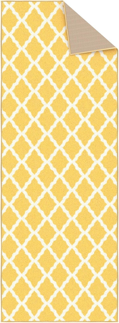 Machine Washable Moroccan Trellis Design Non-Slip Rubberback 2x6 Traditional Indoor Runner Rug for Hallway, Kitchen, Bedroom, 2'2" x 6', Yellow