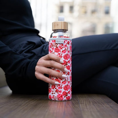 Apana Yoga Glass Water Bottles BPA Free Non Slip Sleeve Leak Proof Lid Reusable 19 Oz and 32 Oz Sports Water Bottle Wide Mouth Lid Portable Hydration Tumbler