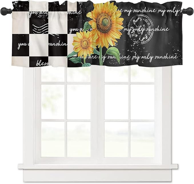 Buffalo Plaid Valance Curtains for Windows, Farmhouse Sunflower Rod Pocket Valances Window Treatments Simi Sheer Short Curtains for Kitchen Bedroom Living Room,54" X 18" -1 Panel,Black White