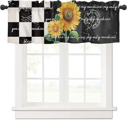 Buffalo Plaid Valance Curtains for Windows, Farmhouse Sunflower Rod Pocket Valances Window Treatments Simi Sheer Short Curtains for Kitchen Bedroom Living Room,54" X 18" -1 Panel,Black White