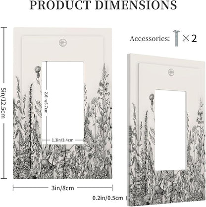 Vintage Grey Floral Herbs Wild Flowers Botanical 1 Gang Rocker Boho Light Switch Covers Decorative Country Unique Single Decora Outlet Wall Plate Faceplate Switchplate GFCI for Bedroom