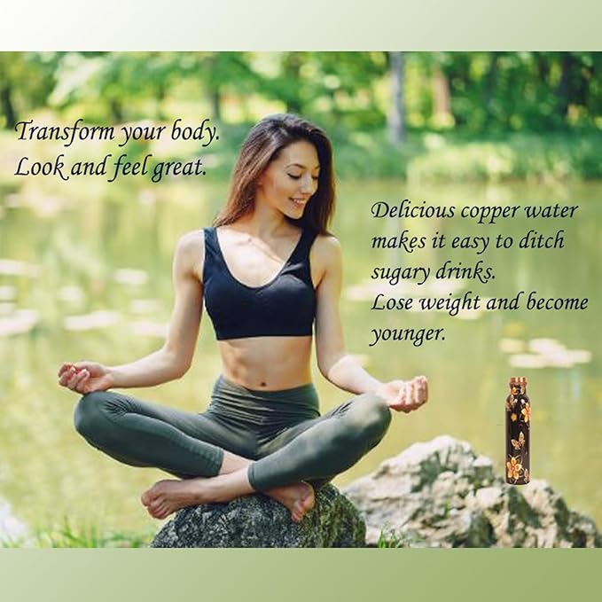 Pure Copper Water Bottle - Handcrafted - Ayurveda health benefits - Large 35 oz - Leak proof - Easy to carry for Sports, Fitness, Yoga, School - Black Base Floral Textured Colorful