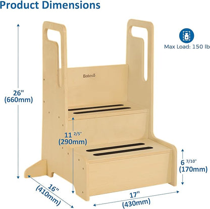 Large Kids Step Stool with Handles, Wooden Step Stool for Kids with Safety Anti-Slip Mats, Toddler Step Stool for Bathroom Sink, Kitchen, Toilet Potty Training, Washing Hands and Brushing Teeth