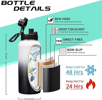 32OZ Water Bottle with Straw & Strap, BPA Free Insulated Water Bottle Keeps Cold 48H Hot 24H, Double-Wall Sport Water Bottle with Sleeve Carrier, Stainless Steel Bottle for Kids Men Woman Xmas Gift