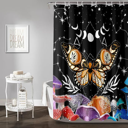 AILONEN Sun and Moon Shower Curtain,Death Moth Bath Curtain for Bathroom for Boys,Girls,Boho Hippie Style Shower Curtain,Colorful Mushroom Waterproof Fabric Shower Curtain Set with Hooks,72" W*84" H