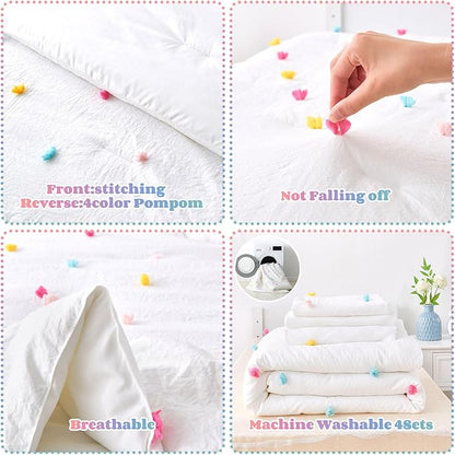4 Piece White Boho Toddler Bedding Sets for Girls Colorful Pom Pom Comforter Set Jacquard Tufted Dot Crib Bed Sheets Set for Baby Bed in a Bag, Include Comforter, Flat Sheet, Fitted Sheet, Pillowcase