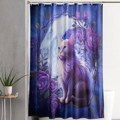 AILONEN 3D Cute Cat Shower Curtain Set, Purple Oil Rose Waterproof Fabric Shower Curtain for Kids Boys Girls,Cat Lovers Animal Design Shower Curtain for Bathroom with Hooks,72" W*72" H