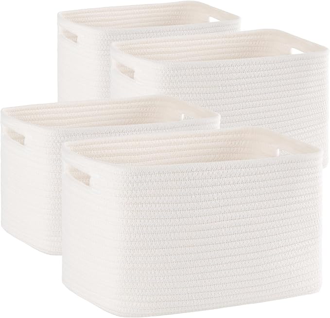 4 Pack Storage Baskets for Organizing Toys, Towels, and Clothes, Woven Basket for Shelves, Sturdy Nursery Cube Bins for Storage, 13''L x9''W x7.8''H, White