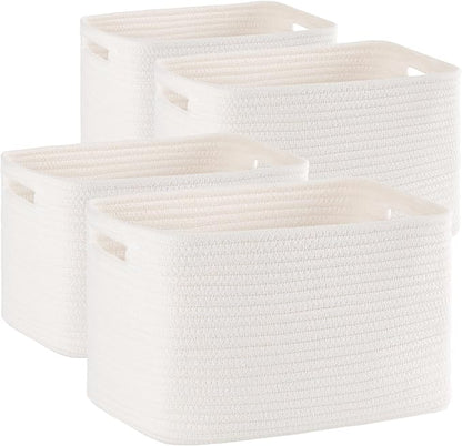 4 Pack Storage Baskets for Organizing Toys, Towels, and Clothes, Woven Basket for Shelves, Sturdy Nursery Cube Bins for Storage, 13''L x9''W x7.8''H, White