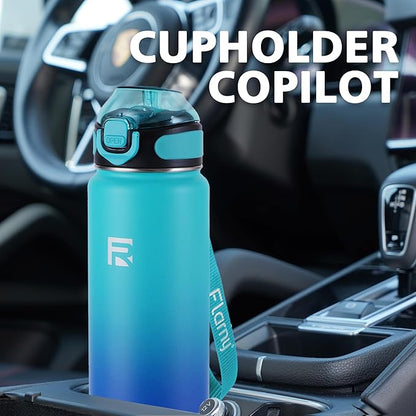 32 oz Insulated Water Bottle with Straw, Stainless Steel Metal Thermos Bottles, Durable Non-Slip Gradient Bottle with Strap for Sports and Travel, Leak Proof (Green Blue)