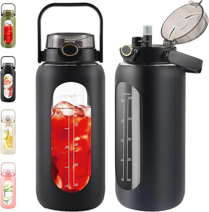 64oz Glass Water Bottle with Straw and Handle - Half Gallon Motivational Water Jug with Time Marker and Silicone Sleeve, Leak proof Wide Mouth Water Flask for Gym, Sports, and Daily Use (Black)