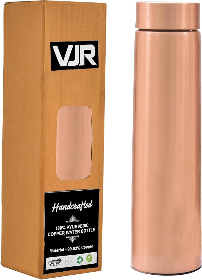 VJR Copper Bottle for Drinking Water 33 Oz Ayurvedic Leak Proof Smooth Finish Plain Design Durable Lightweight Hand Washable Vessel Clean Cool Water Natural Mineral Boost Energy Safe Water Utensil