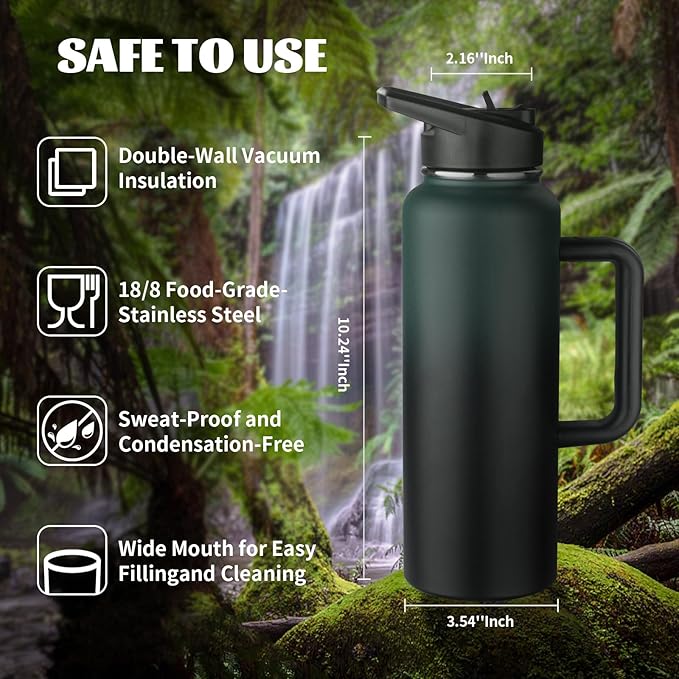 40oz Insulated Water Bottle with Handle, Stainless Steel Sports Metal Water Flask with Straw & 2 Leak Proof Lids, Double Walled Vacuum Wide Mouth Water Bottle for Travel,Camping,Gym (Dark Green Black)