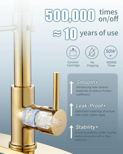 LED Kitchen Faucet, Brushed Gold Kitchen Faucet with Soap Dispenser and Deck Plate, Faucet for Camper Farmhouse RV Kitchen Sink, Single Handle Kitchen Sink Faucets with Pull Down Sprayer