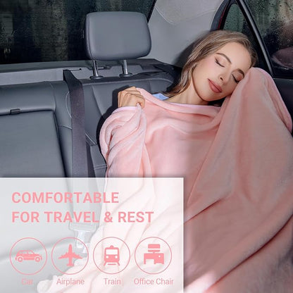 3 in 1 Travel Pillow and Blanket Set, Premium Soft 300 GSM Thick Airplane Blanket Compact with Bag for Long Trips Essentials, Hand Luggage Sleeve and Backpack Clip (Pink)