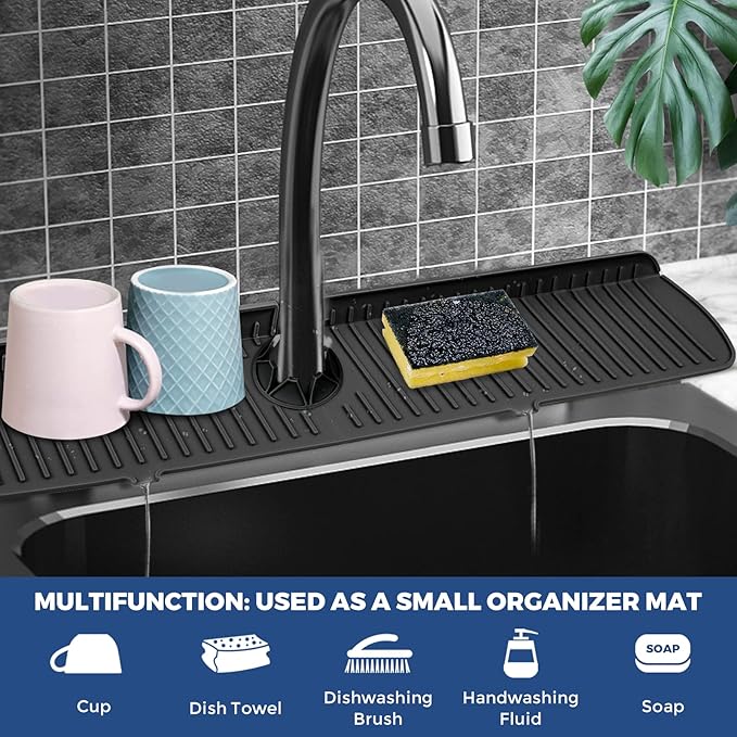 BFONS Silicone Faucet Handle Drip Catcher Tray, 24in x 5.55in, Black