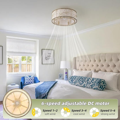 20 Inch Gold Crystal Ceiling Fan with Light, Caged Crystal Ceiling Fan with Light Remote Control, Flush Mount with 6 Speeds for Bedroom, Nursery, Living Room (6 E12 Bulb Includ) (Gold)