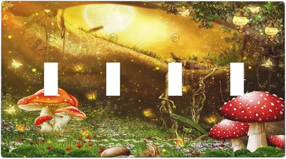 Red Mushroom Forest Fairy Moon Butterfly Quad Toggle Bohemian Light Switch Covers Decorative 4 Gang Wall Plate Electrical Faceplate Switchplate for Kidroom Nursery Bedroom Decor