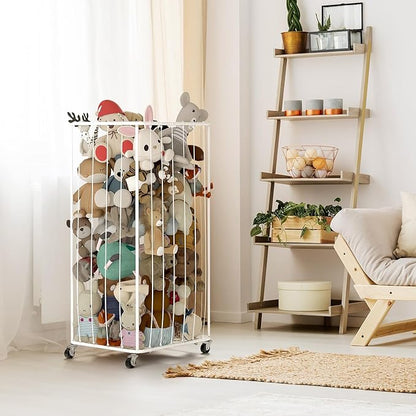 210L Stuffed Animal Organizer Plush Toy Storage Organizer Toy Storage Basket, Kids Toy Storage Bins with Wheels, Metal Frame and Elastic Cord Design, Suitable for Storage of Any Stuff