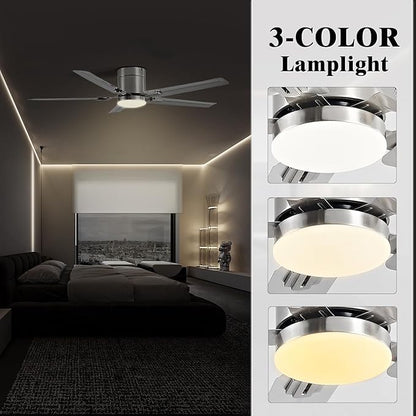 52inch Stainless Steel Ceiling Fan with Lights, 5 Blades, Remote Control, Low Profile Ceiling Fan, for Patio, Living Room, Bedroom, Office, Indoor, Outdoor