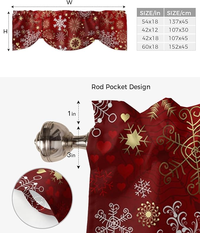 Christmas Blackout Tie Up Valance Curtains for Kitchen Windows Snowflake Pattern Window Toppers Balloon Shades for Living Room/Bathroom/Bedroom,1 Panel,42" X 12" Gold White