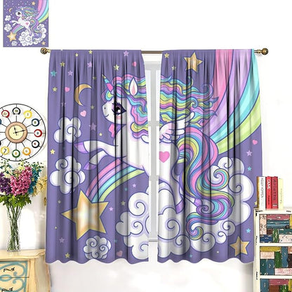 Kids Unicorn Curtains Purple Cartoon Rainbow Cartoon Room Blackout Curtains Boys Girls Baby Room Decor Curtains Living Room Decor 63x63 Inch 2 Panels