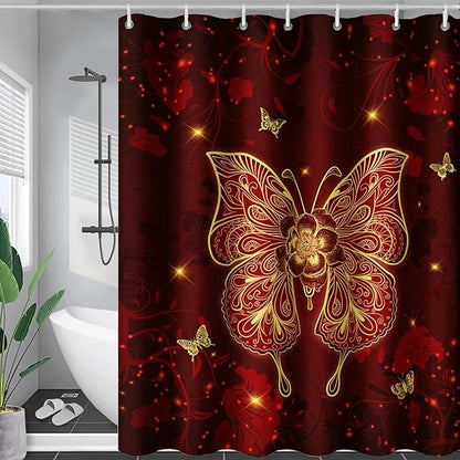 AILONEN Rose Butterfly Waterproof Curtain,Red and Gold Butterfly Floral Bath Curtain,Modern Chic Flower Polyester Fabric Red Curtain with 12 Plastic Hooks, 72" W x 84" H