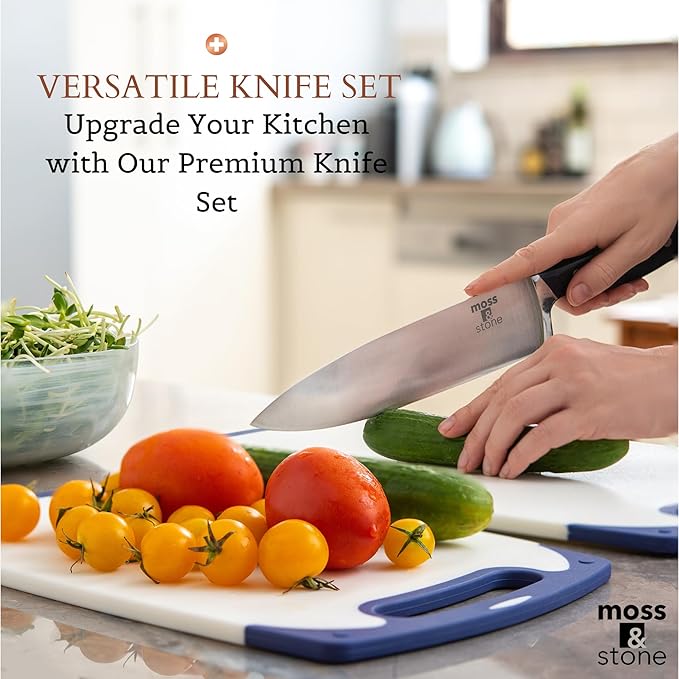 Moss & Stone Stainless Steel Serrated Small Knife Set, Kitchen knives Set With High-Carbon Stainless Steel Blades & Wood Block Set, Cutlery Knife Set Small, Basics 7 Piece Kitchen Knifes