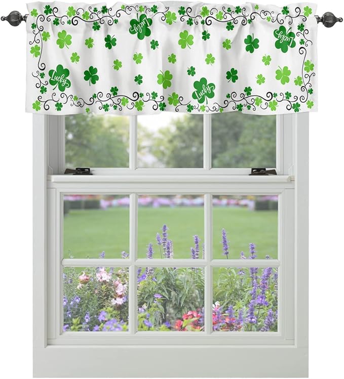 St. Patrick's Day Valances Kitchen Curtains for Windows,Shamrock Irish Clover Rod Pocket Valances Seasonal Spring Holiday Decoration Short Curtains For Bedroom/ Living Room,54" X 18" -1 Panel
