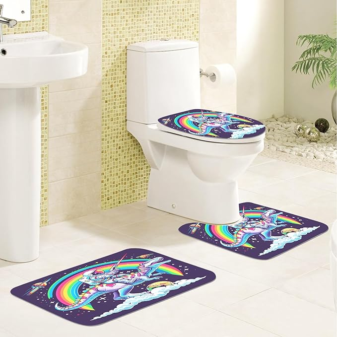 4PCS Dinosaur Shower Curtain Set with 12 Hooks for Bathroom Sets Dinosaur Decor, Non-Slip Rugs and Toilet Mat Lid Rug, Durable Waterproof for Bathroom Astronaut Rides Dinosaur Decor 72x72 Inch