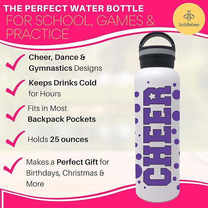 25 oz. Cheer Dance & Gymnastics Stainless Steel Water Bottle - Perfect Gifts for Cheerleaders, Dancers, Gymnasts & Coaches (Cheer Purple)