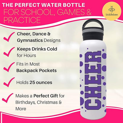 25 oz. Cheer Dance & Gymnastics Stainless Steel Water Bottle - Perfect Gifts for Cheerleaders, Dancers, Gymnasts & Coaches (Cheer Purple)