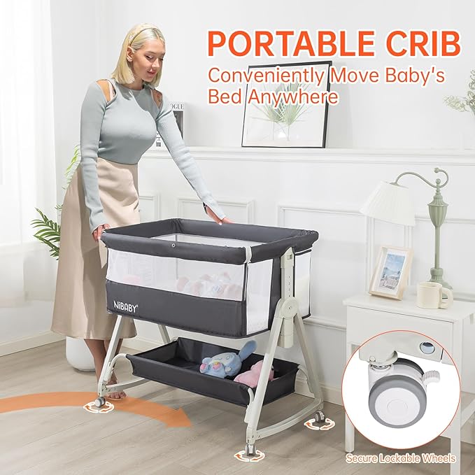 Multifunctional 3-in-1 Baby Bassinet for Bedside Sleep, Nursing & Rocking - Adjustable Height, Breathable Mesh, Portable Design with Mosquito Net, Safe & Supports Independent Sleep (Black)