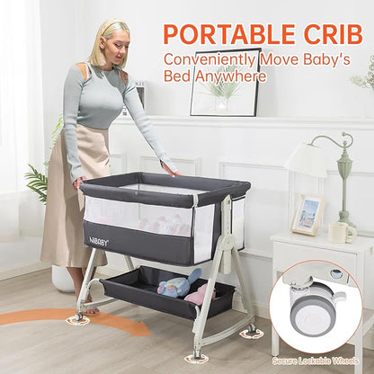 Multifunctional 3-in-1 Baby Bassinet for Bedside Sleep, Nursing & Rocking - Adjustable Height, Breathable Mesh, Portable Design with Mosquito Net, Safe & Supports Independent Sleep (Black)