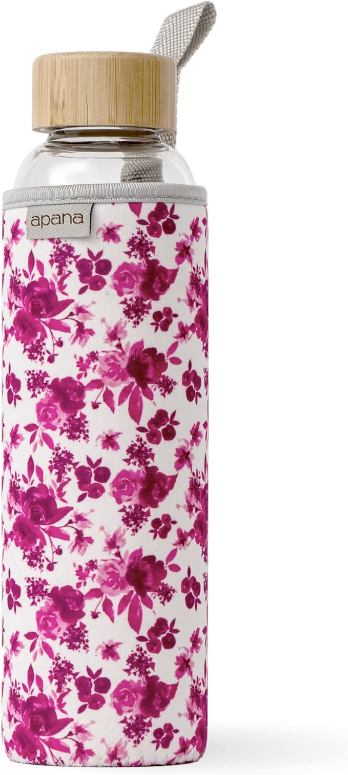 Apana Yoga Glass Water Bottles BPA Free Non Slip Sleeve Leak Proof Lid Reusable 19 Oz and 32 Oz Sports Water Bottle Wide Mouth Lid Portable Hydration Tumbler