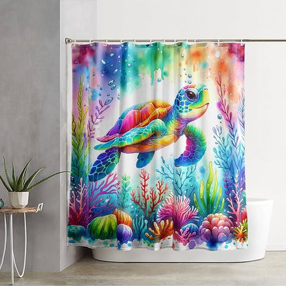 AILONEN Colorful Sea Turtle Shower Curtain, Cartoon Ocean Theme World Cloth Bath Curtain for Bathroom,Watercolor Underwater Waterproof Fabric Shower Curtain Set with Hooks,72" Wx78 H