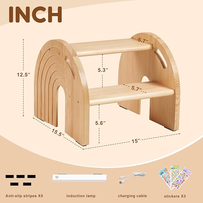 Rainbow Wooden Toddler Step Stool, Two-Step Stool for Bathroom, Kitchen and Potty Training,with Safety Non-Slip Pad, Handle and Auto Light(Natural)