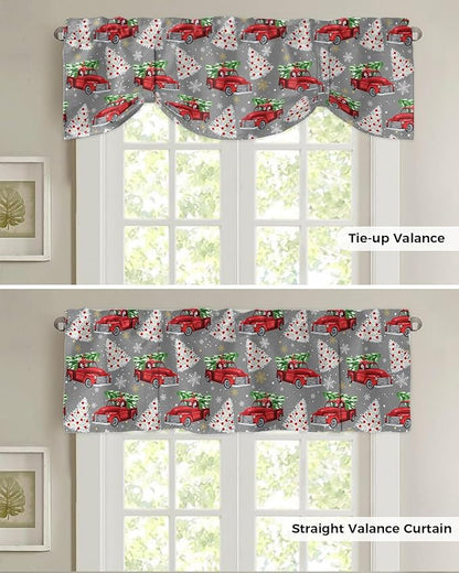 Red Truck Christmas Blackout Tie Up Valance Curtains for Kitchen Windows Merry Christmas Tree Window Toppers Balloon Shades for Living Room/Bathroom/Bedroom,1 Panel, 42" X 18", Winter Snowflake Grey
