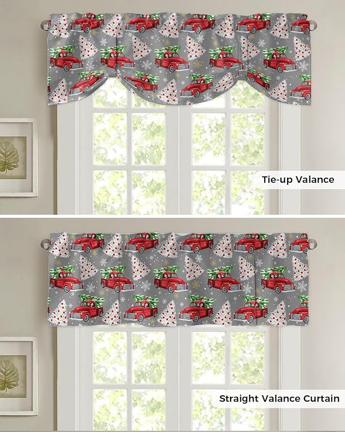 Red Truck Christmas Blackout Tie Up Valance Curtains for Kitchen Windows Merry Christmas Tree Window Toppers Balloon Shades for Living Room/Bathroom/Bedroom,1 Panel, 54" X 18", Winter Snowflake Grey