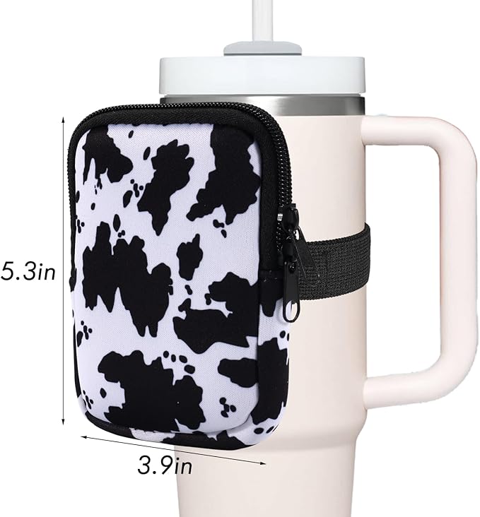Water Bottle Pouch Cup Accessories for Women Quencher Adventure IceFlow 20oz 30oz 40oz Tumbler Pouch with Handle Running Pouch Bag for Cards Keys(Cow)