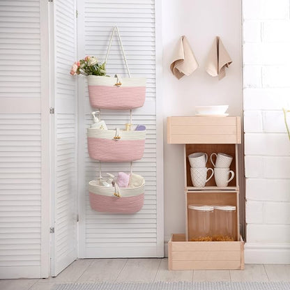 TeoKJ Over The Door Hanging Baskets with Button Strap, 3-Tier Woven Cotton Storage Organizer Bag, Wall-Mounted with Hook Decorative Hanging Nursery Baskets - Pink+White