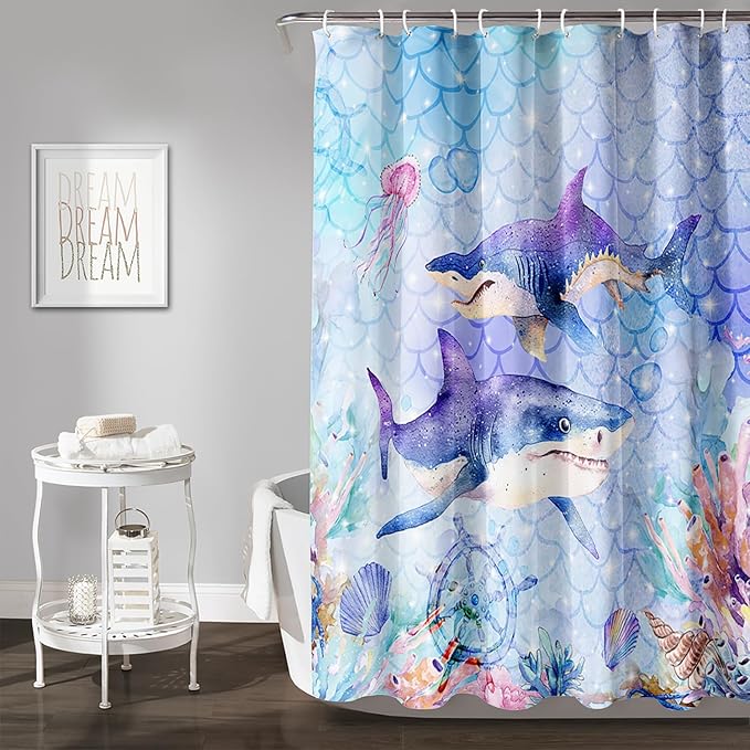 AILONEN Cartoon Shark Shower Curtain for Kids Boys Girls,Blue Ocean Coral Shell Fish Scale Coast Bathroom Curtain, 72" W*84" H Bath Curtain Polyester Waterproof Shower Curtain with 12 Hooks