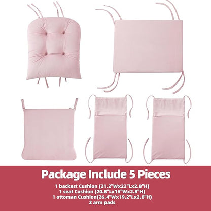 5 PCS Velvet Glider Rocker Replacement Cushions with Side Storage Pocket, Thickened & Supportive Cushions Set for Indoor Nursery Rocking Chair, Pink
