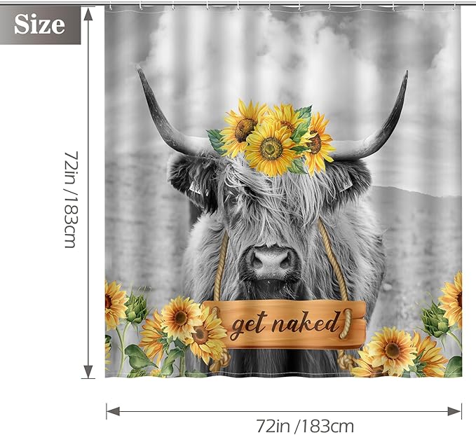 Aimego Highland Cow Shower Curtain - Farmhouse Sunflower Rustic Western Country Get Naked Funny Cute Fabric Cloth Bath Shower Curtain Set with 12 Hooks for Bathroom Decor Accessories, 72"x72"