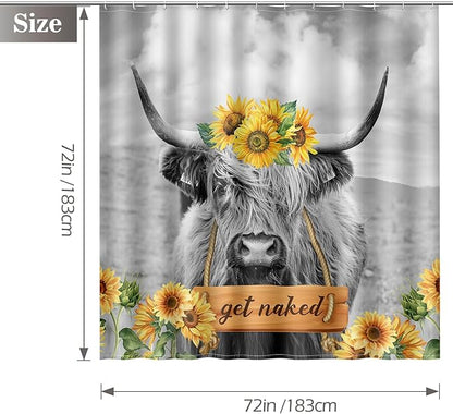Aimego Highland Cow Shower Curtain - Farmhouse Sunflower Rustic Western Country Get Naked Funny Cute Fabric Cloth Bath Shower Curtain Set with 12 Hooks for Bathroom Decor Accessories, 72"x72"