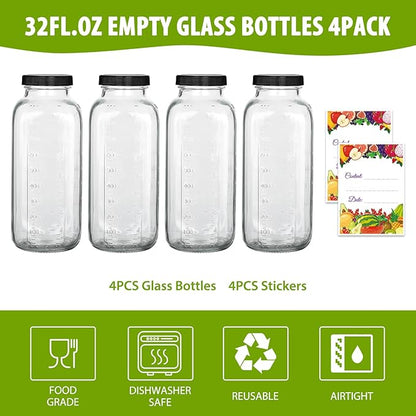 4Pack Juicing Bottles Reusable Glass 32oz,Reusable Square Glass Juice Bottles with Lids,Clear Empty Glass for Beverages, Jams, Kombucha, Milkshakes,Oils(32fl.oz,Set of 4)