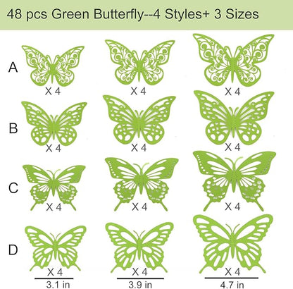48Pcs 3D Butterfly Wall Decor 3 Sizes 3 Styles, Butterfly Decorations Party Birthday Cake Decoration, Removable Butterfly Wall Stickers for Kids Nursery Wedding Bedroom Room Decor (Green)