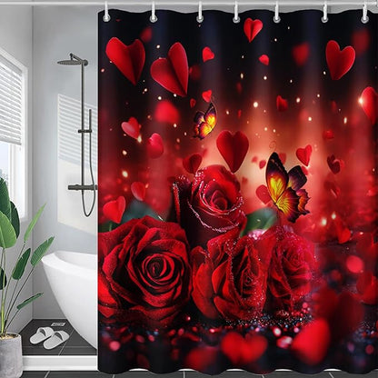 AILONEN 3D Rose Shower Curtain for Bathroom, Red Rose Hearts Print Bath Curtain,Romantic Rose Flower Shower Curtain Decoration Waterproof with 12 Plastic Hooks, 72" W*78" H